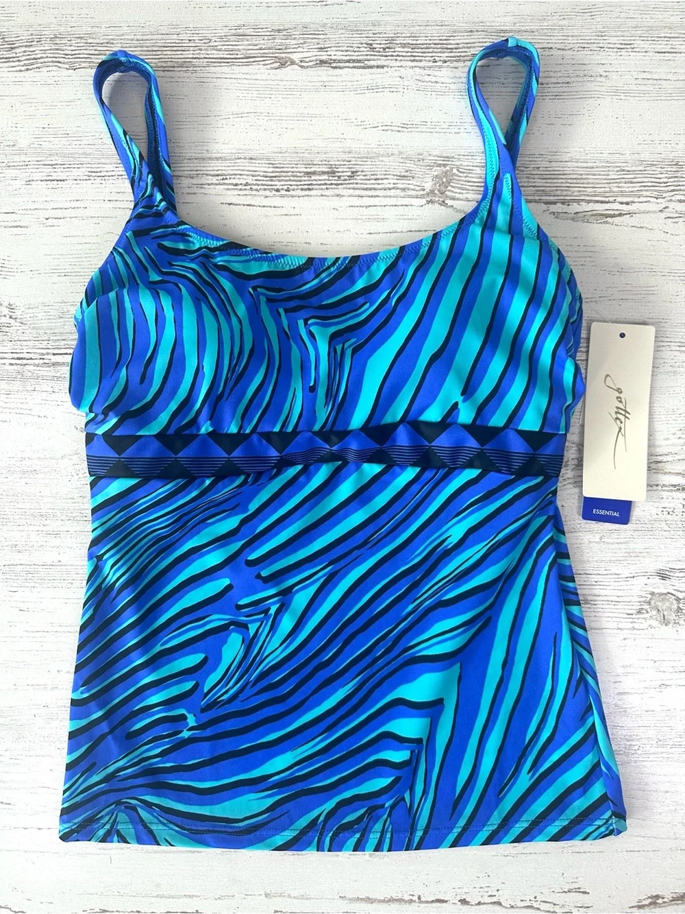 NWT GOTTEX Essential Zebra Print Wireless Tankini Top 10 Blue Black